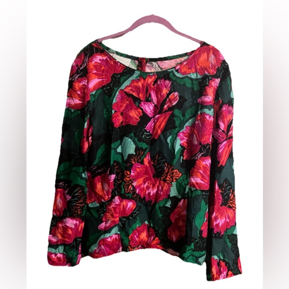 Vintage Evan Picone  Pink Floral Long Sleeve Silk Blouse Back Buttons Size 12